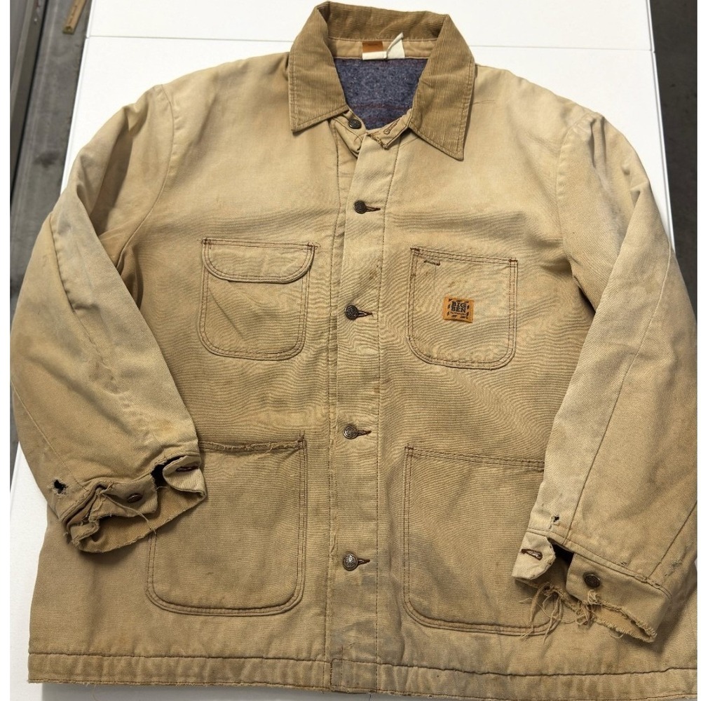 Vintage Big Ben Wrangler Chore Coat Tan Canvas Blanket Lined Work Jacket Mens
